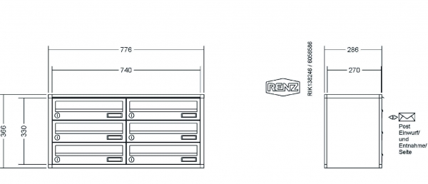 RENZ Briefkastenanlage Aufputz, Verkleidung Quadra, Kastenformat 370x110x270mm, 6-teilig