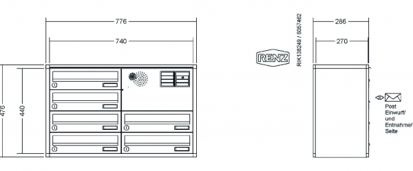 RENZ Briefkastenanlage Aufputz, Verkleidung Quadra, Kastenformat 370x110x270mm, 6-teilig, Vorbereitung Gegensprechanlage