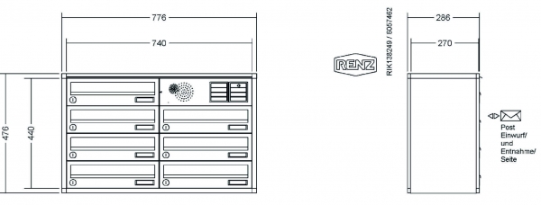 RENZ Briefkastenanlage Aufputz, Verkleidung Quadra, Kastenformat 370x110x270mm, 7-teilig, Vorbereitung Gegensprechanlage