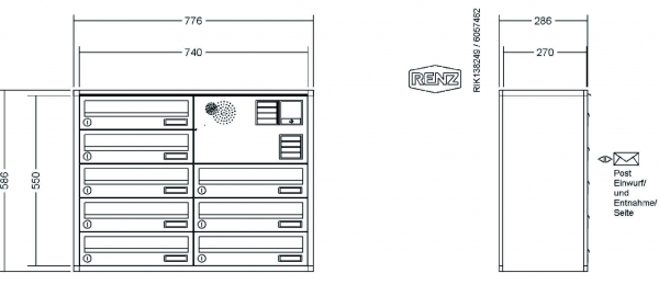 RENZ Briefkastenanlage Aufputz, Verkleidung Quadra, Kastenformat 370x110x270mm, 8-teilig, Vorbereitung Gegensprechanlage