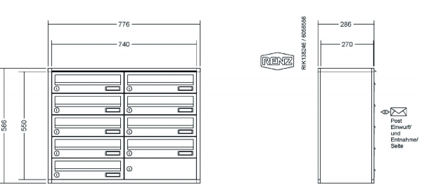RENZ Briefkastenanlage Aufputz, Verkleidung Quadra, Kastenformat 370x110x270mm, 9-teilig