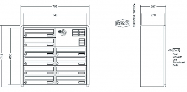 RENZ Briefkastenanlage Aufputz, RS4000, Kastenformat 370x110x270mm, mit Klingel - & Lichttaster und Vorbereitung Gegensprechanlage, 10teilig