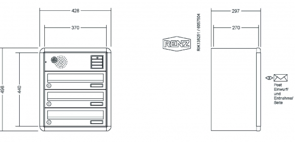 RENZ Briefkastenanlage Aufputz, RS4000, Kastenformat 370x110x270mm, mit Klingel - & Lichttaster und Vorbereitung Gegensprechanlage, 3-teilig