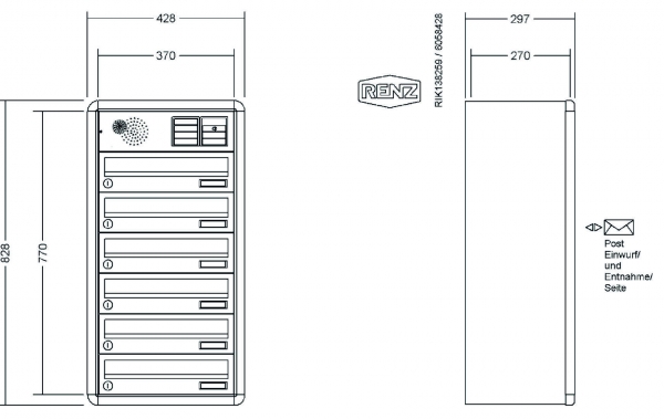 RENZ Briefkastenanlage Aufputz, RS4000, Kastenformat 370x110x270mm, mit Klingel - & Lichttaster und Vorbereitung Gegensprechanlage, 6-teilig