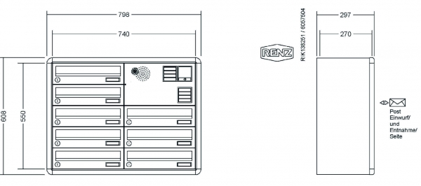 RENZ Briefkastenanlage Aufputz, RS4000, Kastenformat 370x110x270mm, mit Klingel - & Lichttaster und Vorbereitung Gegensprechanlage, 8-teilig