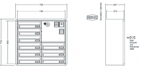 RENZ Briefkastenanlage Aufputz, RS4000, Kastenformat 370x110x270mm, mit Klingel - & Lichttaster und Vorbereitung Gegensprechanlage, 9-teilig