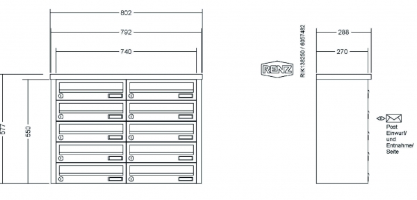 RENZ Briefkastenanlage Aufputz, Tetro, Kastenformat 370x110x270mm, 10-teilig