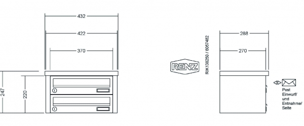 RENZ Briefkastenanlage Aufputz, Tetro, Kastenformat 370x110x270mm, 2-teilig