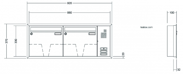 Leabox Briefkastenanlage Unterputz, Alu - Putzabdeckrahmen, Kastenformat 370x330x100mm, mit Klingel - und Lichttaster und Vorbereitung Gegensprechanlage, 2-teilig