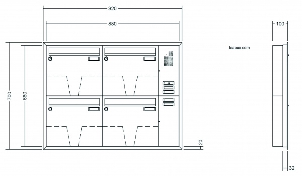 Leabox Briefkastenanlage Unterputz, Alu - Putzabdeckrahmen, Kastenformat 370x330x100mm, mit Klingel - und Lichttaster und Vorbereitung Gegensprechanlage, 4-teilig