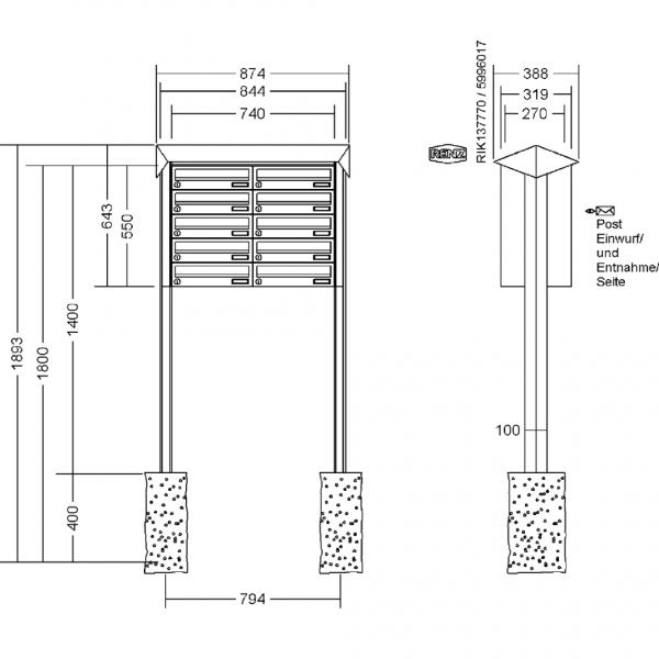 RENZ Briefkastenanlage freistehend, PRISMA, Kastenformat 370x110x270mm, 10-teilig, zum Einbetonieren