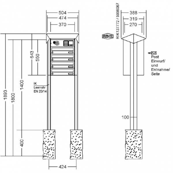 RENZ Briefkastenanlage freistehend, PRISMA, Kastenformat 370x110x270mm, 4-teilig, zum Einbetonieren