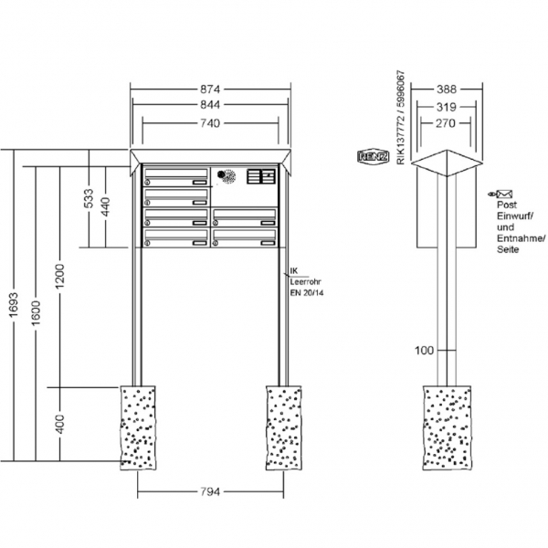 RENZ Briefkastenanlage freistehend, PRISMA, Kastenformat 370x110x270mm, 6-teilig, zum Einbetonieren